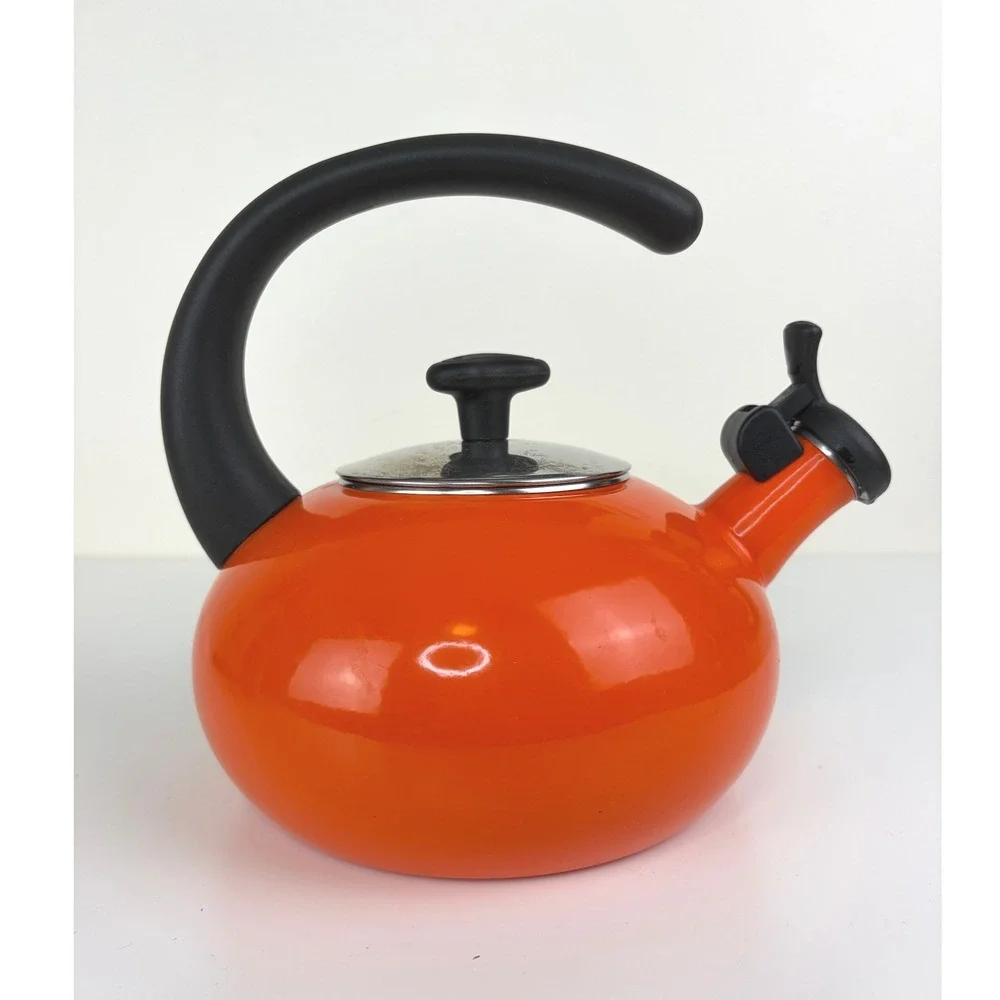 Rachael Ray Orange Enamel Whistling Tea Kettle 1.5 Qt Retro Kitchen